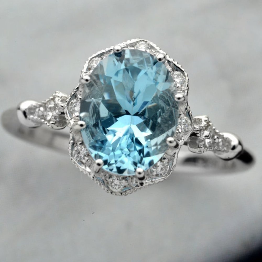 *NEW 925 Sterling Silver Aquamarine Diamond Ring